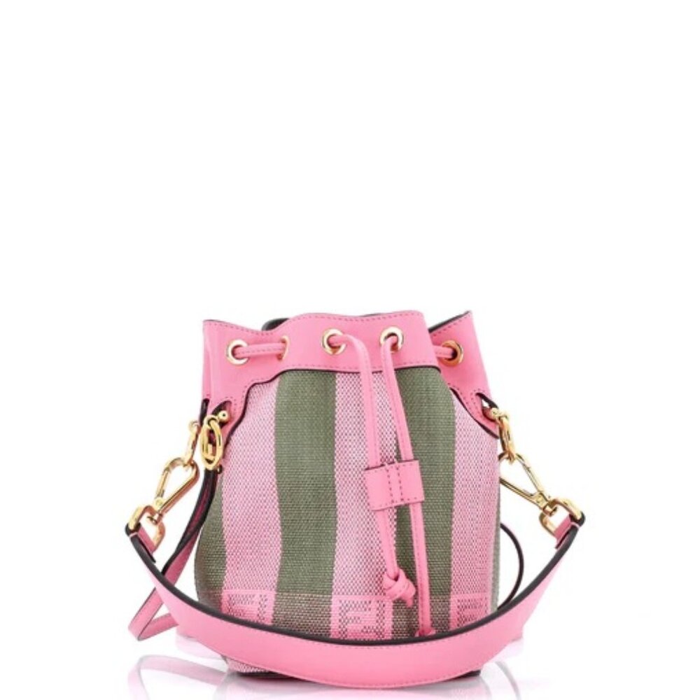 Fendi Mini Mon Tresor Bucket Bag Pequin Raffia w/ Dustbag - Green / Pink - Picture 2 of 10
